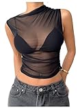 RoseSeek Women's Mesh See Through Tank Top Sleeveless Mock Neck Ruched Crop Tops Going Out Outfit Black Large