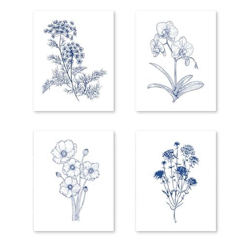 PUHEI Blue Floral Botanical Wall Art Prints Set of 4, Cottagecore Wildflower Botanical Wall Posters Decor for Home Bedroom Living Room, Floral Gifts for Women Poster Prints (8x10 Inches UNFRAMED)