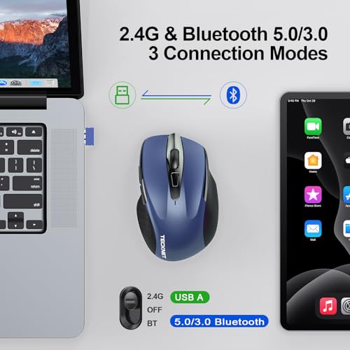Image of TECKNET Wireless Mouse (BT5.0 /3.0 & 2.4G) Rechargeable 4800 DPI Silent Blue Mouse, 6 Buttons, USB A & Bluetooth Compatibility | Bluetooth 5.0 /3.0 & USB A, 2-Device Easy Switch, Wide OS Compatible, 6 Buttons, 6-DPI up to 4800, Ergonomic for S to M Hands