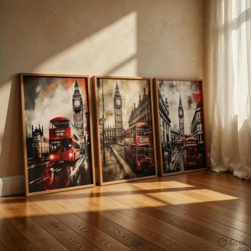 Image of Livin'luxe London City Wall Painting Set of 3 with Wooden Frames | Big Ben & Red Bus London Street Artwork HD Sparkle Laminated MDF Wall Decor | Modern Travel Wall Art for Living Room