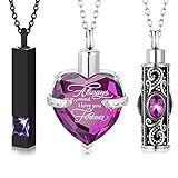 MTLEE 3 Pieces Cremation Urn Necklace for Ashes Vertical Bar Zircon, Heart Crystal Cremation Urn Necklace Urn Stainless Steel Necklace Waterproof Memorial Pendant Necklace (Purple Zircon)