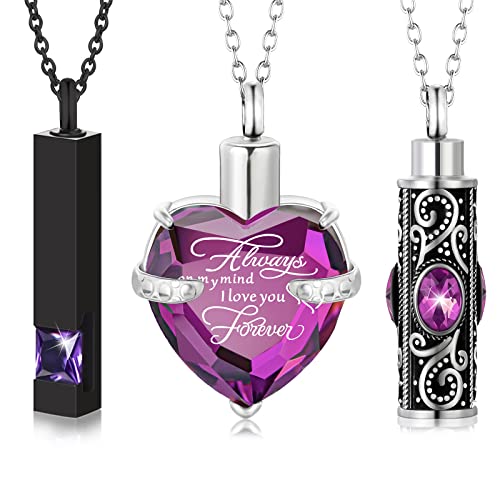 MTLEE 3 Pieces Cremation Urn Necklace for Ashes Vertical Bar Zircon, Heart Crystal Necklace Urn Stainless Steel Waterproof Memorial Pendant