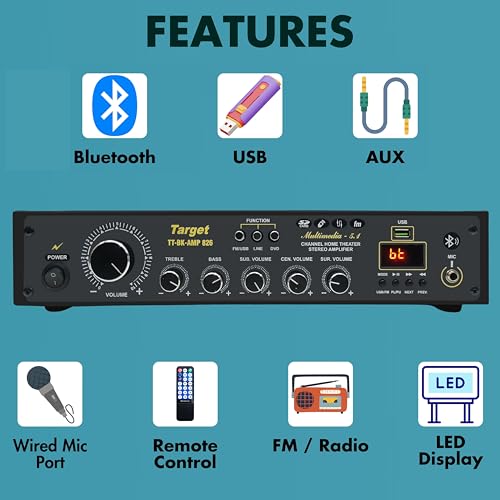 Image of TARGET TT-BK-AMP 826 Amplifier RMS 300 Watts 5.1 Channel Surround Six Tracks Stereo Amplifer Usb, Bluetooth, Av, MIC