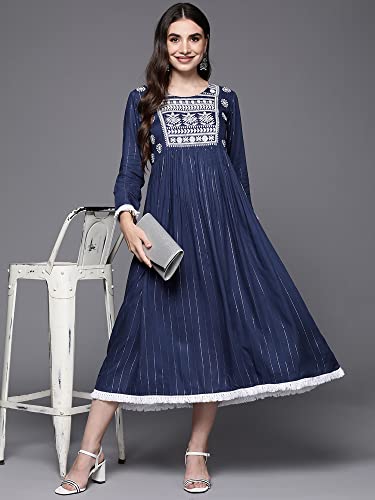 Image of INDO ERA Women's A-Line Striped Viscose Rayon Ethnic Dresses for Women