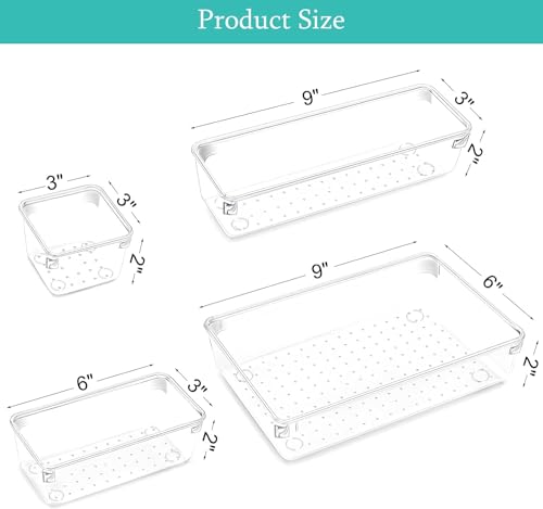 Image of Clear Plastic Drawer Organizers Set, 4 different size Versatile Bathroom and Vanity Drawer Organizer Trays, Storage Bins for Makeup, Bedroom, Kitchen Gadgets Utensils and Office (4 PC SET NEW)
