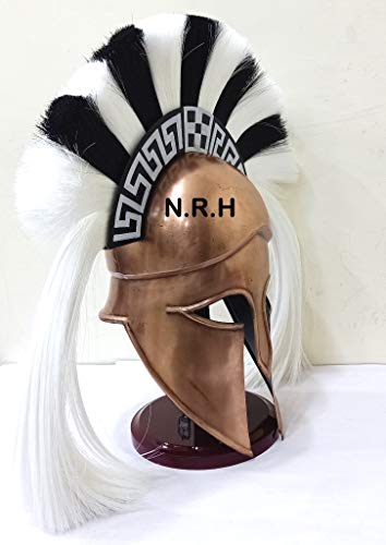 Greek Corinthian Helmet Ancient Medieval Armor Knight Spartan Copper Halloween Helmet with Black & White Plume with Wooden Stand