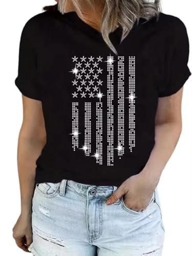 Sparkling Rhinestone T Shirt for Women Fashion Rhinestone Alphabets Graphic Short Sleeve Shirt Casual Tee Tops
