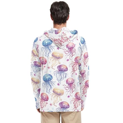 Cute Jellyfish White Men's Sun Shirts Hoodies Long Sleeve Adult Rash Guards Fishing Shirt UPF 50+ S3