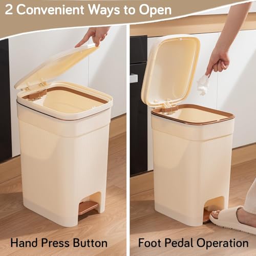 Image of HOKIPO Press-Top & Pedal Dustbin with Lid | Plastic Lightweight Step-On Trash Bin with Silent Soft-Close Lid & Bag Holder Ring | 15 Litres, Cream (NEW-AR-6195)