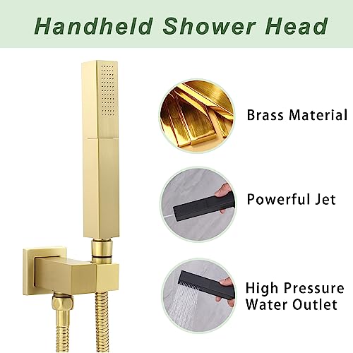 2 Settings Models Handheld Shower Head Sprayer High-Pressure With 59" Long Flexible Hose, Square 2 In1 Solid Brass Adjustable Shower Wand Replacement Kit, Brushed Gold #TOP2