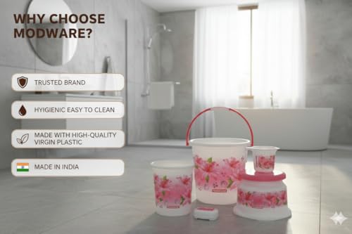 Image of MODWARE Floral Bathroom Set, 5 Pieces, Polypropylene, 20 L Bucket with Mug, Soap Case, Open Dustbin, Stool (Pink)