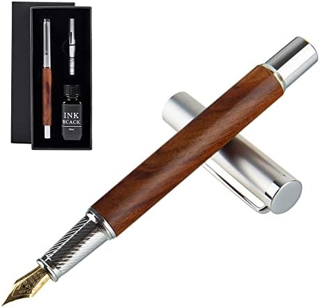 AYzhang Wooden Fountain Pen Medium Nib Natural Rosewood Retro Pen,Ideal Gift Set, Includes Fountain Pen, Bottle Ink,Ink Refill Converter, Premium Gift Box - Black
