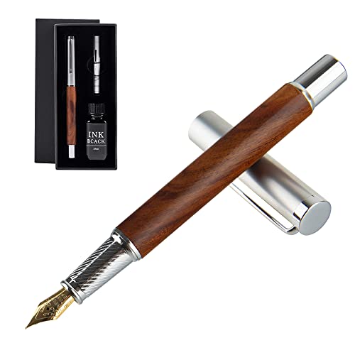 Ayzhang Wooden Fountain Pen Medium Nib Natural Rosewood Retro Pen,Ideal Gift Set, Includes Fountain Pen, Bottle Ink,Ink Refill Converter, Premium Gift Box - Black #TOP3
