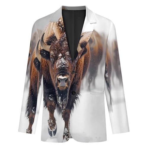 Herd of Bison Snowy Day Men's Slim Suit Long-Sleeve Prom Tuxedo Classic Two Button Business Jacket4