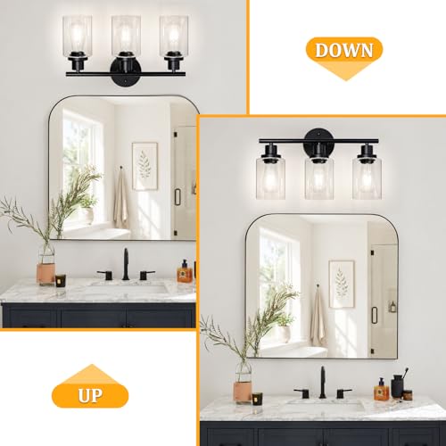 Image of Unicozin Modern Bathroom Light Fixtures, 3 Light Vanity Lights with E26 Bulbs, Black Wall Lamp with Clear Glass for Mirror Living Room Hallway Cabinet Porch