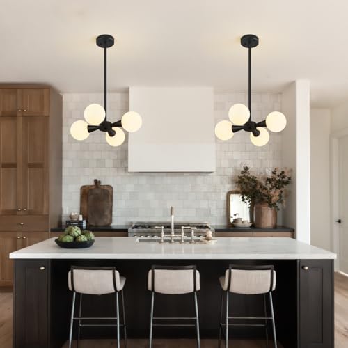 Image of Modern Ceiling Light with Milk White Glass lampshade Black Semi Flush Mount Ceiling Light Fixture Sputnik Chandelier for Bedroom Living Room Dining Room Foyer Hallway(4-Lights)