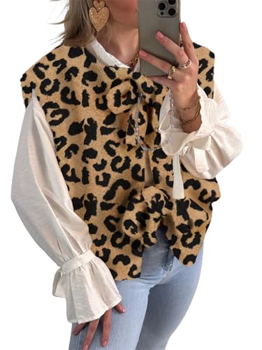 YEMOCILE Leopard Print Tie Front Fuzzy Fleece Vest for Women Oversized Sleeveless Sherpa Jacket Lightweight Warm Outerwear