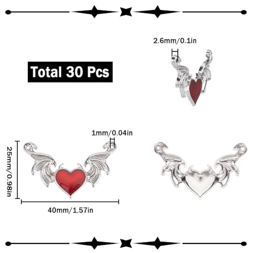 SUNNYCLUE 1BOX 30PCS Silver Heart Wing Charms Bulk Gothic Connector Charms Antique Enamel Red Heart Devil Halloween Bat Wing Links Charm for Jewellery Making Charm DIY Earrings Bracelet Necklace - Image 2