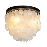 JC TOPA Capiz Shell Ceiling Light Fixtures, 3-Light Boho Flush Mount Ceiling Light for Living Room, Bedroom, Kitchen Island, Foyer, Entryway, Black
