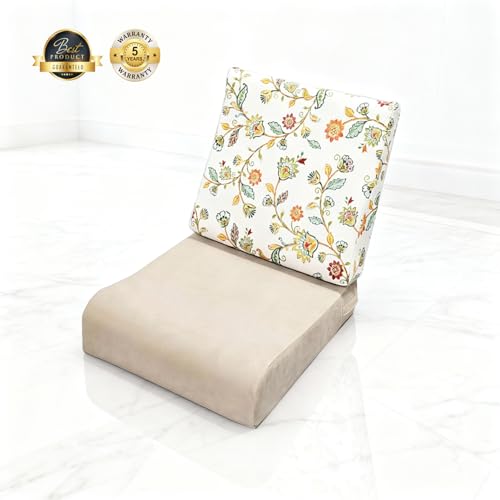 Image of Wooden Sofa Cushion Full Set of 10 for 5 Seater, 55 Density PU Foam, & Fully Customizable-Cushion for Wooden Sofa with Washable Fabric and Inner Fabric 3+1+1 (Yellow Flower + Beige)