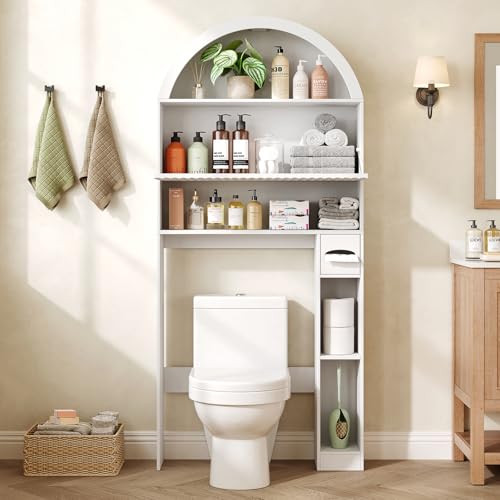 Image of 31 inch W Arched Over The Toilet Storage Cabinet, Fluted Doors, White | Over Toilet Bathroom Organizer with Doors, Bathroom Storage Cabinet with Toilet Paper Holder and Anti-Tipping Device