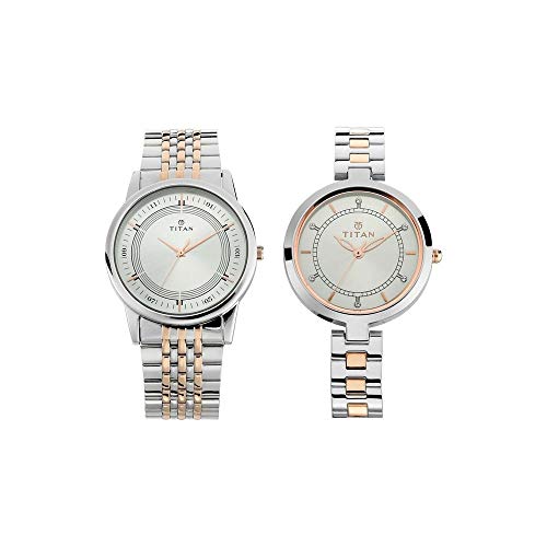 Titan Legan Pair Silver White Dial Two Toned Stainless Steel Strap Analog Round Watch for Couples