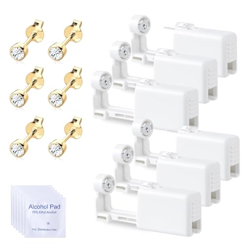 Voarge 6 Pieza Oreja Piercing Gun, desechables estériles de seguridad de la oreja de la nariz Piercing Gun Kit indoloro Auto-Perforación Herramienta(Oro transparente 4mm)