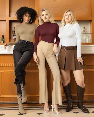 Image of MANGOPOP Women's Mock Turtle Neck Slim Fit Long Sleeve 3 /4 Sleeve Short Sleeve T Shirt Tight Tops Tee