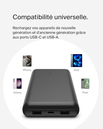Belkin Batterie externe USB-C 20000mAh (power bank puissance de 20K, entrée et sortie USB-C, 2 ports USB-A, câble USB-C vers USB-A fourni, pour iPhone, Galaxy, Pixel, iPad, AirPods, etc.) - Noir