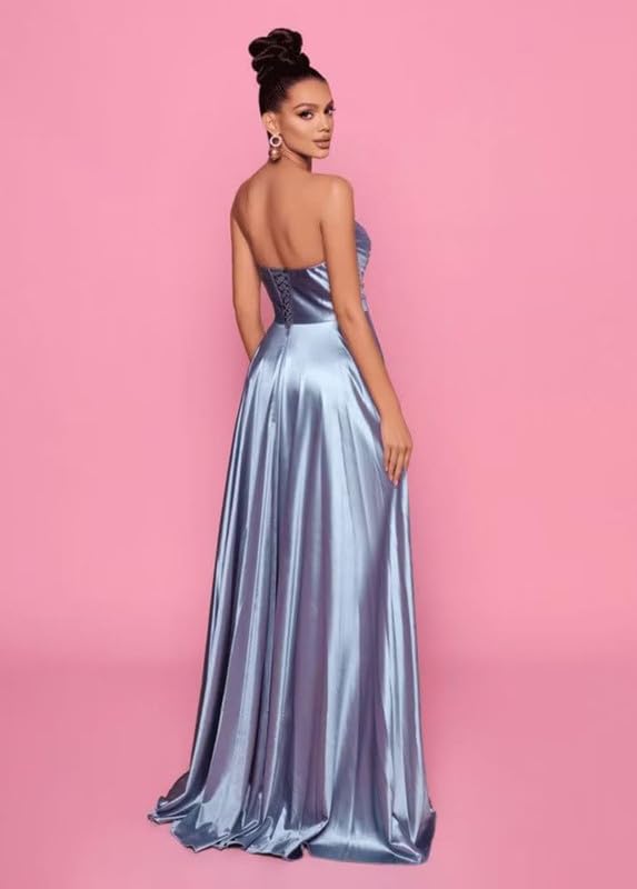Women's Satin Prom Dresses Long Strapless Pleated Bridesmaid Dress A-Line Formal Evening Gowns with Slit2