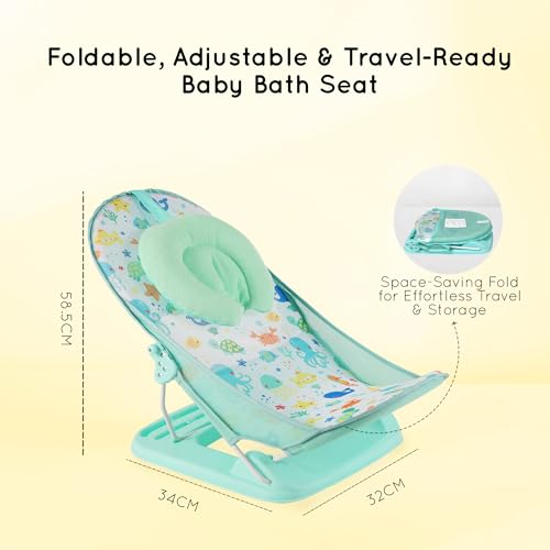 Image of Premium Baby Bather | Bath Chair for Newborns and Infants 0-3 Months | Foldable | 3 Position Adjustable Chair | Anti Skid Base | Washable Soft Mesh Seat | for Babies Upto 5Kg (Aqua)