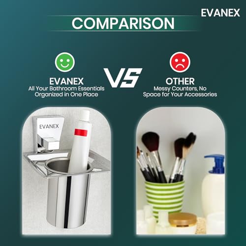 Image of EVANEX Wall-Mounted Tooth Brush Holder, 304 Grade Stainless Steel Tumbler Stand, Bathroom Organizer with Glossy & Chrome Finish Stand with Removable Cup (Selvi)