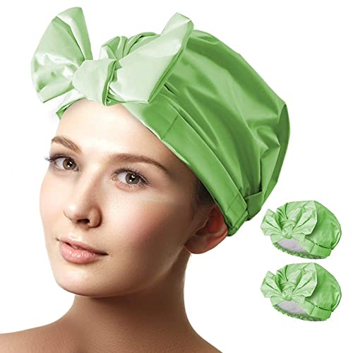 Shower Cap for Women Reusable Long Hair Double Waterproof Large Shower Hair Hat Adjustable (11 inches, Green, Bowknot)