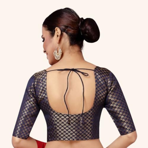 Image of Studio Shringaar Women's Zari Brocade Stitched Elbow Length Sleeves Saree Blouse