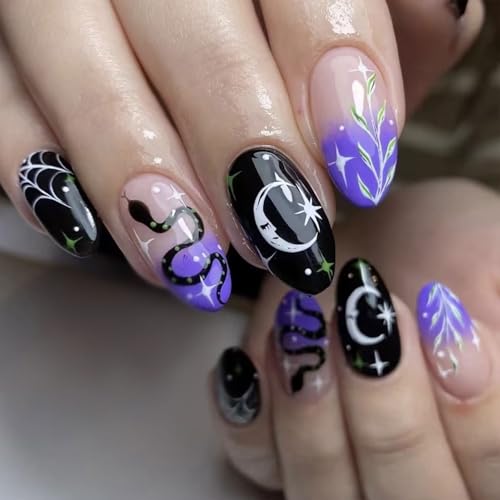 Halloween Press on Nails Short Almond Fake Nails Snake Glue on Nails Spider Web False Nails with Moon Star Design Stick on Nails Halloween Nails Press Ons for Women 24Pcs