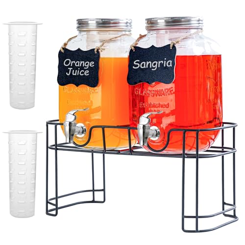 Einfache 1 Gallon Drink Dispenser with Stand,2 Pack Beverage Dispenser with Stand,Glass Water Lemonade Dispensers for Juice,Parties