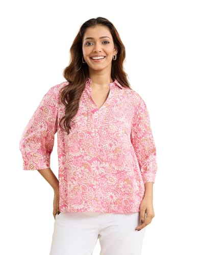 T-shirt en mélange de viscose Fabindia Helen imprimé main rose