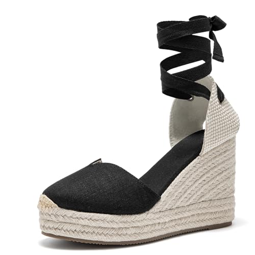 Image of Womens Espadrille Wedge Sandals Closed Toe Platform Lace Up Ankle Strap Slingback Summer Dress Shoes