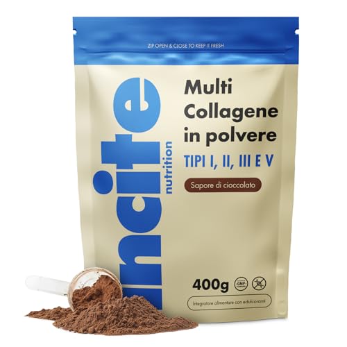 Incite Nutrition Multi Collagene in Polvere Gusto Cioccolato 400 g. Fonte di Collagene Tipo 1, 2,3 e 5. Integratore Essenziale per Pelle, Articolazioni, Ossa, Capelli, Unghie e Muscoli.