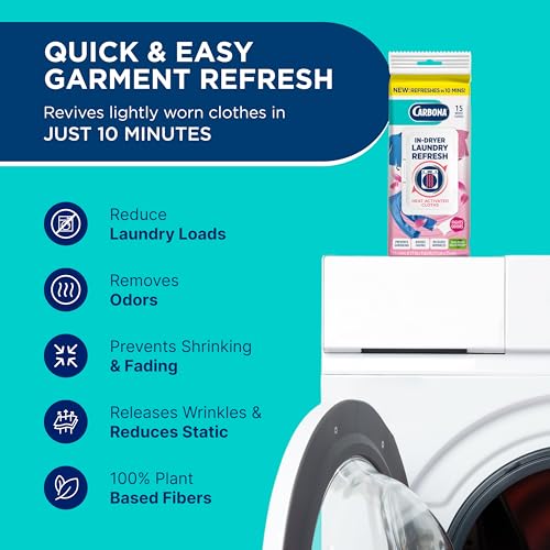 Carbona Laundry Refresh Dryer Sheets 15ct | Odor Eliminator, Wrinkle Releaser, Fabric Softener | Heat-Activated, Static Reducer, Prevents Shrinking & Fading | Quick Clothes Refresh - Image 4