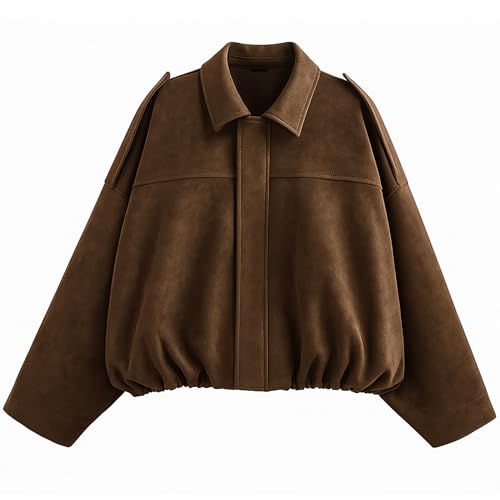 WERFORU Womens Faux Suede Bomber Jacket Casual Pilot Coat Oversized Spring Fall Batwing Long Sleeve Streetwear Outwear