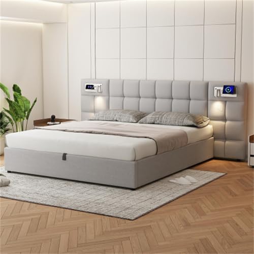 Cama tapizada 180x200 cm con Puerto USB y Carga inalámbrica y lámpara iluminada Cama Doble King Size para Adultos Adolescentes Cama hidráulica Cama Familiar PU Cama de Invitados Gris