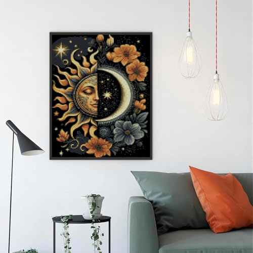 Image of MYBISYMQQ Stamping Cross Stitch Kit Sun and Moon, Round Counting Cross Stitch Kit for Adult Beginners, Full Line DIY Cross Stitch Stitching Kit for Home Decor Cross Stitch Patterns 11.8x15.7inches