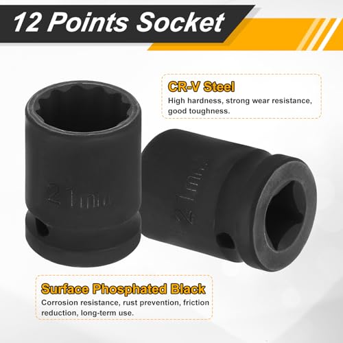 Image of HARFINGTON 2pcs 1 /2 inch Drive x 21mm Shallow Impact Socket 12-Point Metric CR-V Steel Spindle Nut Impact Flip Sleeve for Home Auto Nuts Bolts Repair