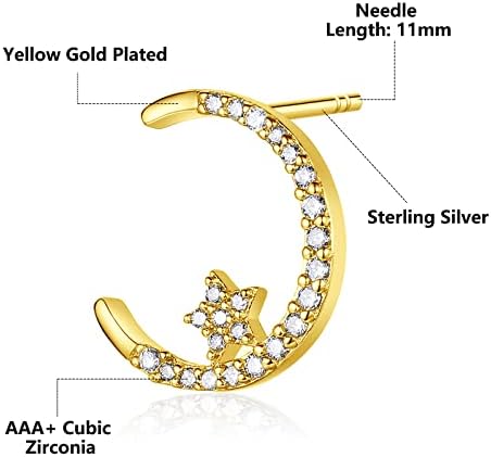 Moon Star Stud Earrings for Women - Hypoallergenic CZ Earrings, 14K Gold Plated Pierced Stud Earrings for Birthday Christmas Jewellery Gift