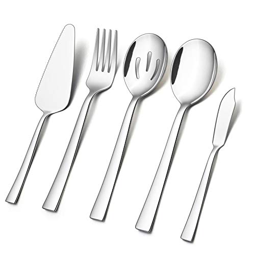 5-Piece Serving Utensils, E-Far Stainless Steel Square Edge Hostess Serving Set For Buffet Party Kitchen Restaurant, Mirror Finished & Dishwasher Safe #TOP27