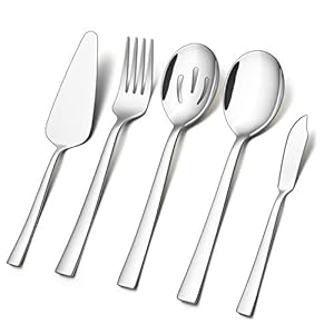 E-far 5-Piece Serving Utensils, Stainless Steel Square Edge Hostess Serving Set for Buffet Party Kitchen Restaurant, Mirror Finished & Dishwasher Safe
