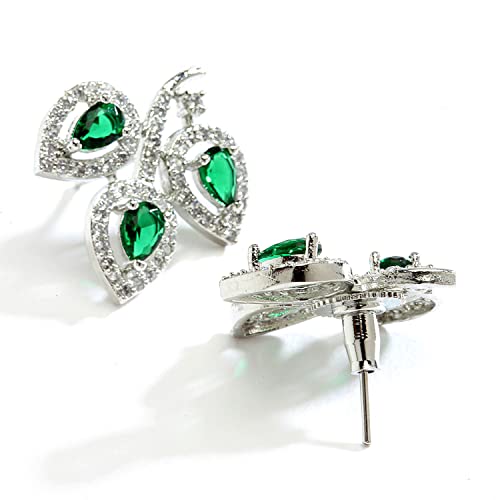 Leaf Shaped Rhodium Plated Diamond Stud Earring (Green)