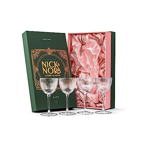 Vintage Art Deco Nick and Nora Coupe Glasses | Set of 4 | 5 oz Crystal Ribbed Cocktail Glassware for Drinking Classic Gin, Whiskey, Vodka Bar Drinks | Retro Long Stemmed Barware Goblets Cover
