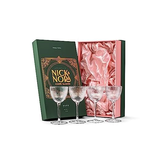 Vintage Art Deco Nick and Nora Coupe Glasses | Set of 4 | 5 oz Crystal Ribbed Cocktail Glassware for Drinking Classic Gin, Whiskey, Vodka Bar Drinks | Retro Long Stemmed Barware Goblets